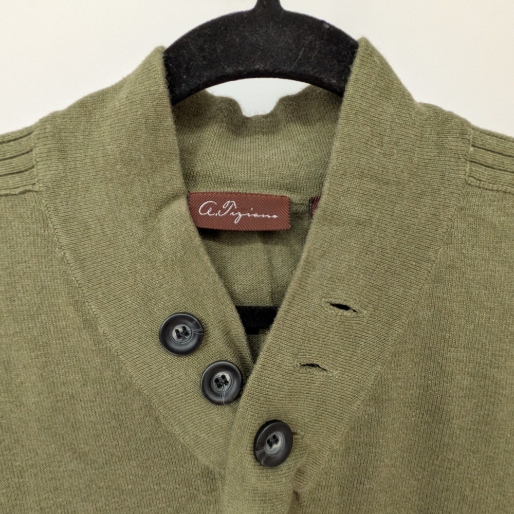 A. Tiziano XL $148 Olive Green Cotton Shawl Collar Sweater Navy Elbow Patches